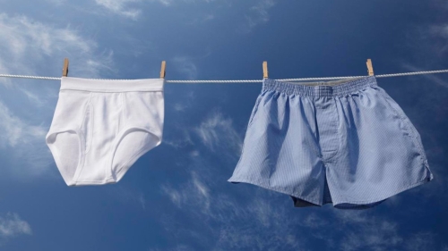 underwear on a clothesline with a blue background