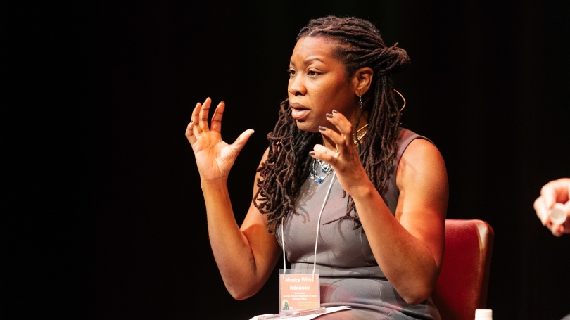 Associate Professor of Theater Monica Ndounou speaks at the 2018 International Black Theater Summit at Dartmouth.